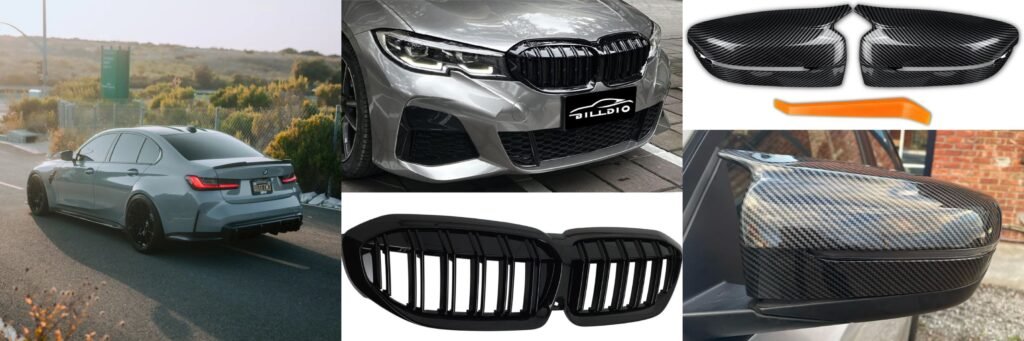 BMW G20 rear spoiler, front kideny grills glossy black and carbon fiber mirror caps