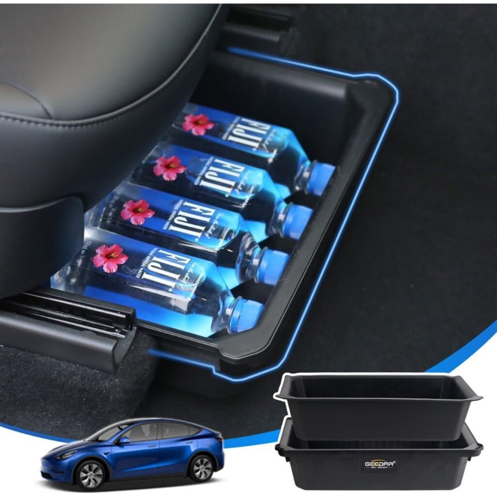 Under Seat Storage Box Organizer for Tesla Model Y With Fiji Water Bottles As An Example